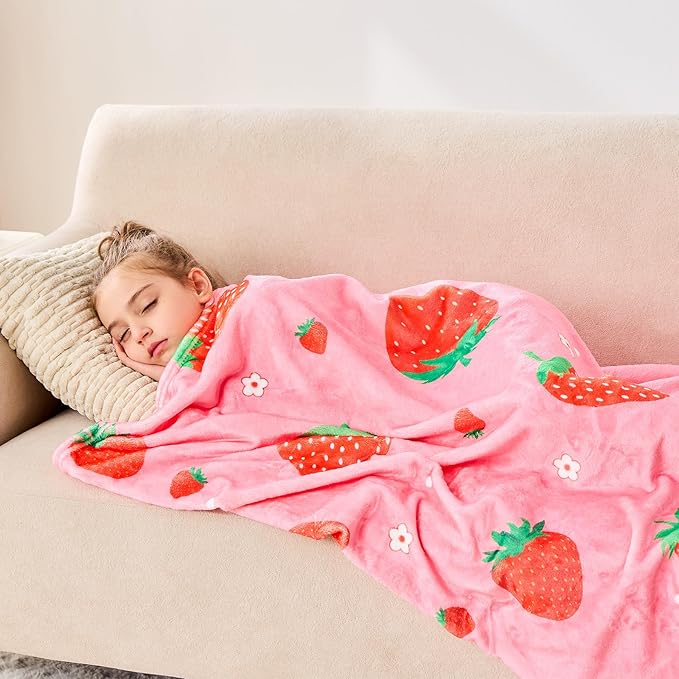 Wajade Kids Pink Strawberry Throw Blanket for Girls Teens Women Soft Fuzzy Flannel Bed Blanket for Kids Adults Plush Christmas Birthday Gifts 60”x80”