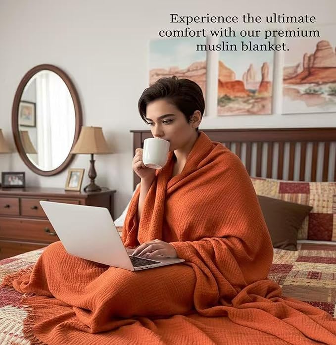 KyraHome 100% Cotton Throw Blankets for Adults, 60"x80" Muslin Blankets for Couch, Picnic, Plant-Dyed, Lightweight Breathable Blanket, All Season, (Terracotta/Burnt Orange)