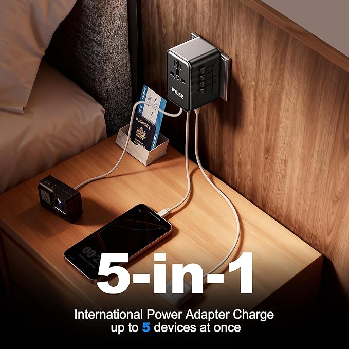 VYLEE Universal Travel Adapter, 2 USB-C & 2 USB-A Worldwide Plug Adapter with 1 Universal AC Outlet, Type A D I G C International Plug Adapter for US, India, Europe, UK, Maldives, Sri Lanka(Black)