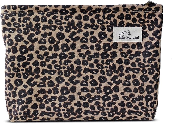 HAPPYHEIDI Leopard Print Makeup Bag with Pocket Large Cosmetic Toiletry Travel Pouch, Small Accessory Organizer Bag, Brown Cheetah, Lined, Zipper Closure, 8.5x2x6.5 Inches