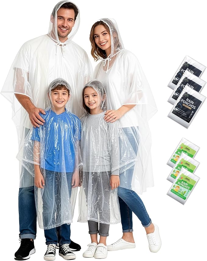 Hitituto Rain Ponchos Family Pack Kids– 6/12/24 Pack Disposable Poncho with Hood, Clear & Assorted Colors, Home Survival Kits