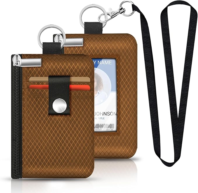 Minimalist RFID Blocking Small Wallet with ID Window,WaterResistant Zip Id Case Wallet with Lanyard Keychain for Cards,Cash,Travel,Women,Men (Brown)