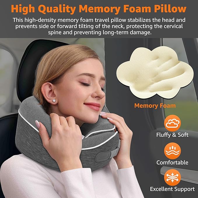 Travel Pillows for Airplanes Ergonomic Memory Foam Neck Pillow for Travel - 360° Head & Neck Support for Sleeping on Flights, Cars, Trains & Office (Dark Gray-1)