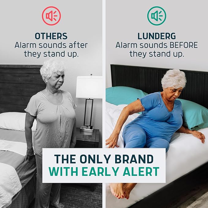 Lunderg Wireless Bed & Chair Alarm Set - Alerts Caregiver Before They Get Up, No in-Room Alarm to Disturb Elderly Loved Ones, Early-Alert Bed Pad, Chair Pad & Pager, Fall Prevention for Dementia Care