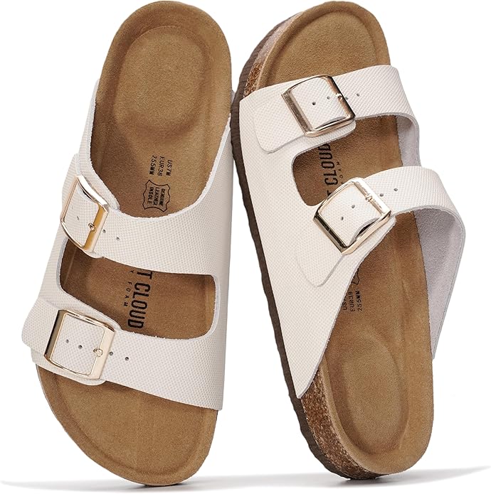 Project Cloud 100% Genuine Leather Flat Sandals For Women 2026 Cork Footbed Womens Sandals with Memory Foam and arch support Vacation Essentials Slides for Women Footwear (Venita)