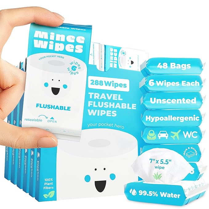 Impossibly Compact Travel Flushable Wipes - 99.5% Water and Aloe - Safe for Sensitive Skin & Hypoallergenic - Travel Essentials for Adults, Kids & Babycare, Unscented, 48 Pack 288 Wipes