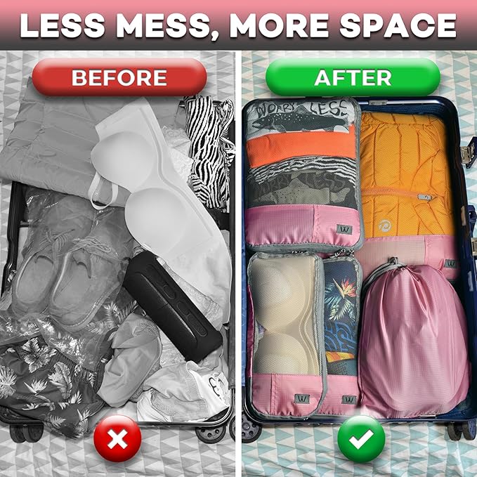 Compression Packing Cubes - WONGLE 12 pc Set His and Hers Family Travel Organizer Compressible Packing Cubes for Suitcases, Luggage Organizer Bags, Travel Accessories, Shoe Bag (Pink/Black)