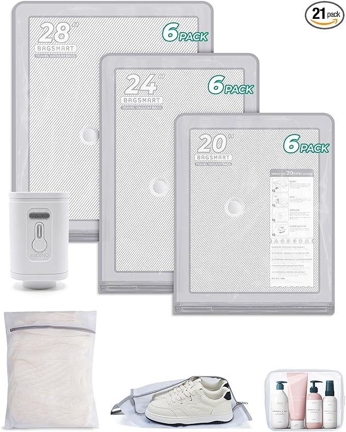 BAGSMART Vacuum Storage Bags with Portable Pump, Travel Space Saver Bags for Clothes, Heavy Duty Compression Bags for Storage, Vacuum Seal Bags with Hand Pump, Travel Essentials for Packing-Gray