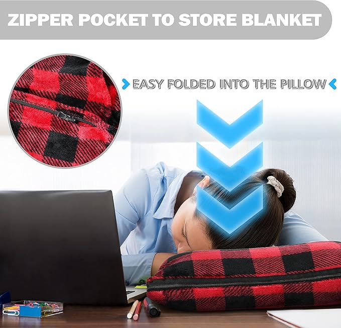 Solaris Travel Wearable Blanket with Sleeves, 2 in 1 Packable Airplane Pillow Blanket for Adult Women Men, Soft Cozy Warm Snuggy Body Blanket for Outdoor Indoor Home Lounge, Red Plaid