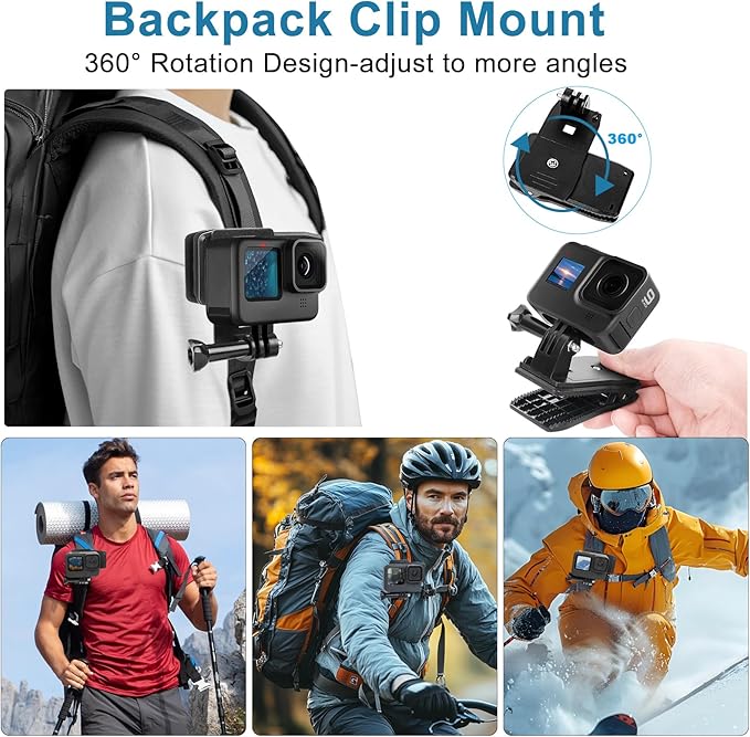 Chest Mount Harness, 4 in 1 Accessories Kit Compatible for Gopro Hero 13/12/11/10/9/8/7/6/5/4/3,Head Strap Mount,360°Rotation Wrist Strap Mount,Backpack Clip Holder,Adjustable Action Camera Mount Set