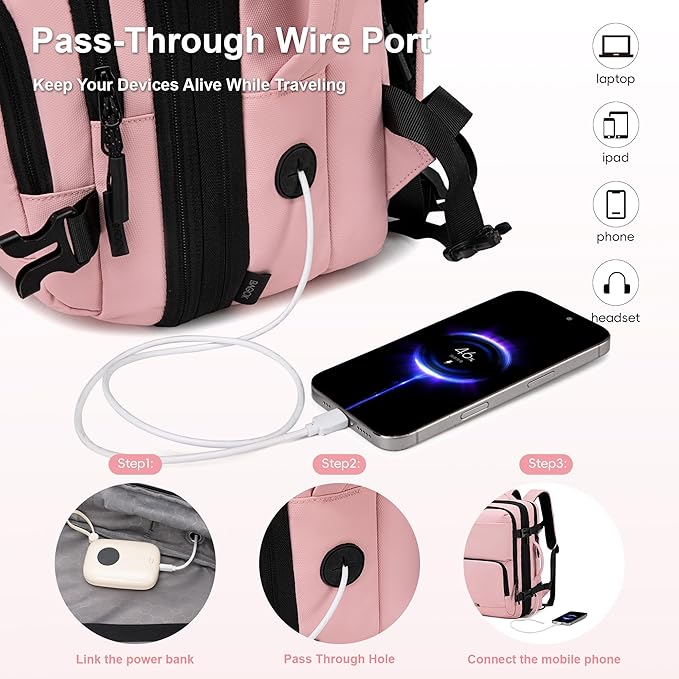 BAGOK Carry On Travel Backpack, Expandable Extra Large Airline Approved,Lightweight Daypack for Men and Women（Pink）