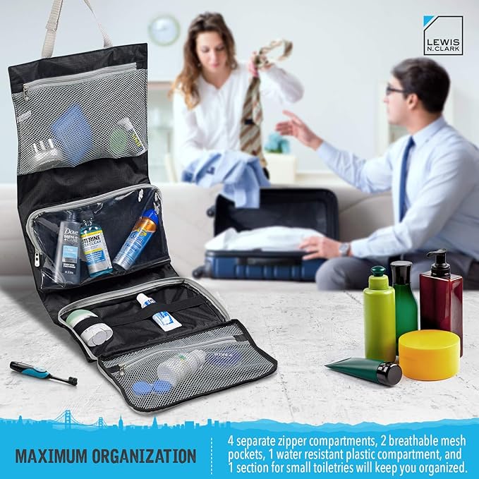 Lewis N. Clark Hanging Toiletry Bag for Travel Accessories, Shampoo, Cosmetics + Personal Items with Waterproof Compartment and Folding Design, Black