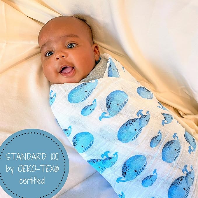 LollyBanks Muslin Swaddle Blanket, 100% Muslin Cotton Swaddles for Baby Boys Breathable and Lightweight, 47 X 47 Inches Newborn Receiving Blanket for Boys, Baby Essential, Registry (Whale Print)