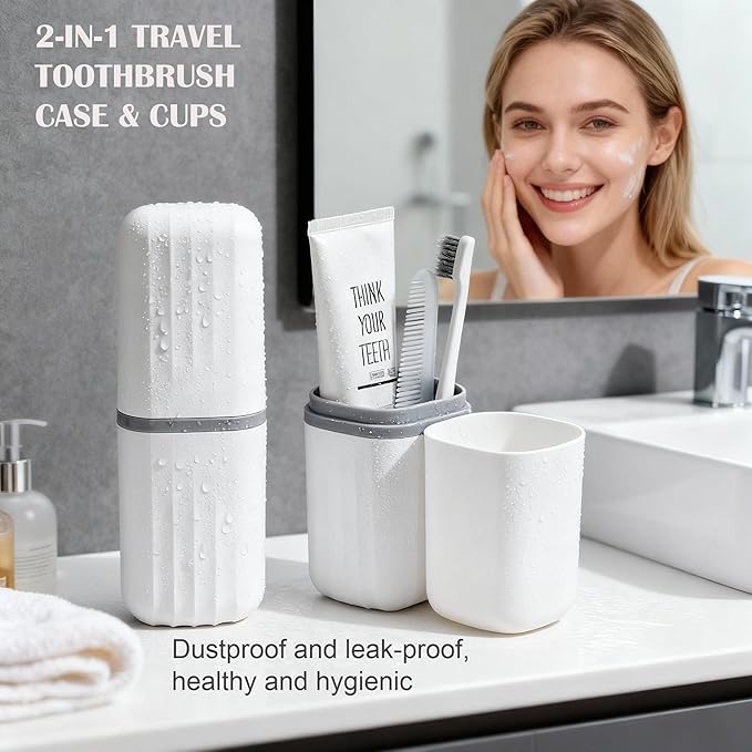 2-in-1 Travel Toothbrush Holder, Dustproof Toothbrush Travel Case with Mouthwash Cup, Portable Toothpaste Toothbrush Container for Traveling School Camping Business Trip Bathroom