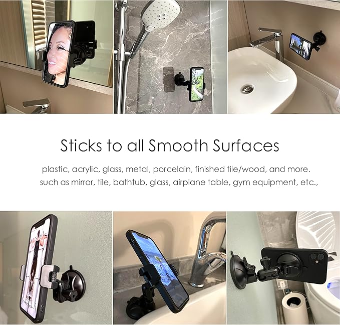 Universal Mirror Shower Phone Holder, Multi-Directional Dual 360 Degree Rotating Suction Cup Phone Wall Mount stand, Tiktok Youtube Vlog Video Recording Kit, airplane travel essentials accessories