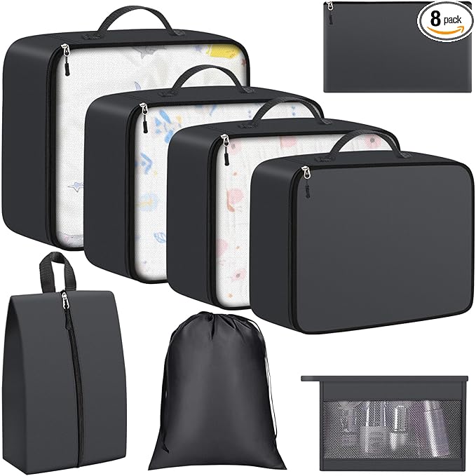 8 Set Packing Cubes for Travel Essentials, Packing Bags, Carrry-On Travel Accessories, Suitcase Organizers with Sturdy Zippers, Luggage Organizer for Airplane, Camping, Road Trip (Grey)