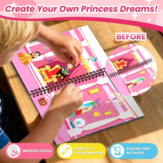 Princess Reusable Sticker Book for Toddlers, DIY Princess Accessories Fun Jelly Stickers, Washable Puffy Stickers for Kids Toys, Airplane Road Trip Travel Activities Essentials for Kids 3 4 5 Years