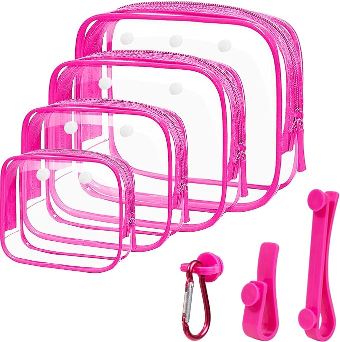 4 Pack Clear Toiletry Bags, Portable Travel Makeup Pouch with Zipper, TSA Approved Organizer, Clear Pouch Bags Compatible With Bogg Bag Divider Accessories(Hot Pink)