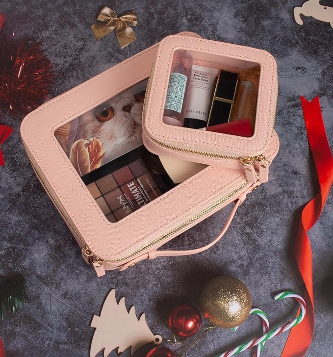 LETGO Clear Makeup Bag Set,Portable Travel Toiletry Bag Cosmetic Case for Women,Vegan Leather Make Up Pouch Organizer Pink Car Essentials for Girls Women (Mini+Large Pink)
