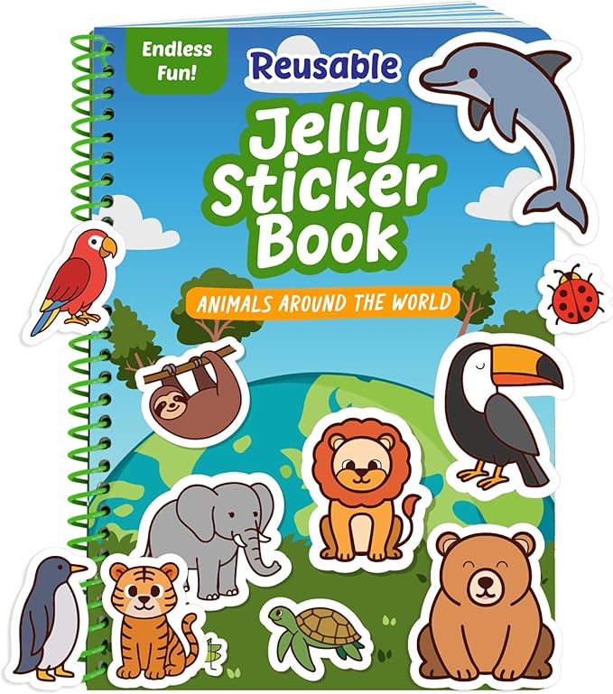 Reusable Sticker Book - Animals - 50 Jelly Stickers for Toddlers & Kids 3-5: Fun Toddler Travel Toys, Airplane & Car Activities for Kids - Sticker Books for Toddlers 3 Years Old, Toy Gifts for 1-3 2-4