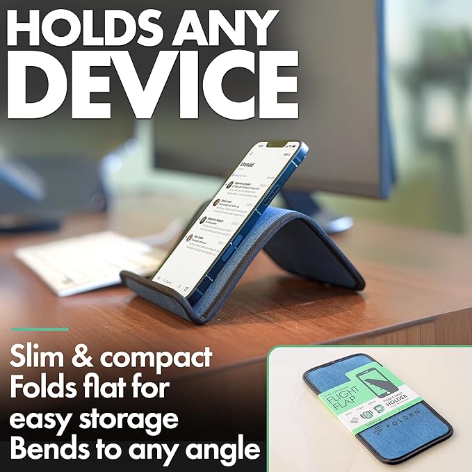 Flight Flap Airplane Phone Holder, Flexible Cell Phone Holder, Folding Cellphone Stand for Desk, Bed, Office, Treadmill - Airplane Gadgets for Long Travel Accessories - Plane Essentials (Blue Denim)