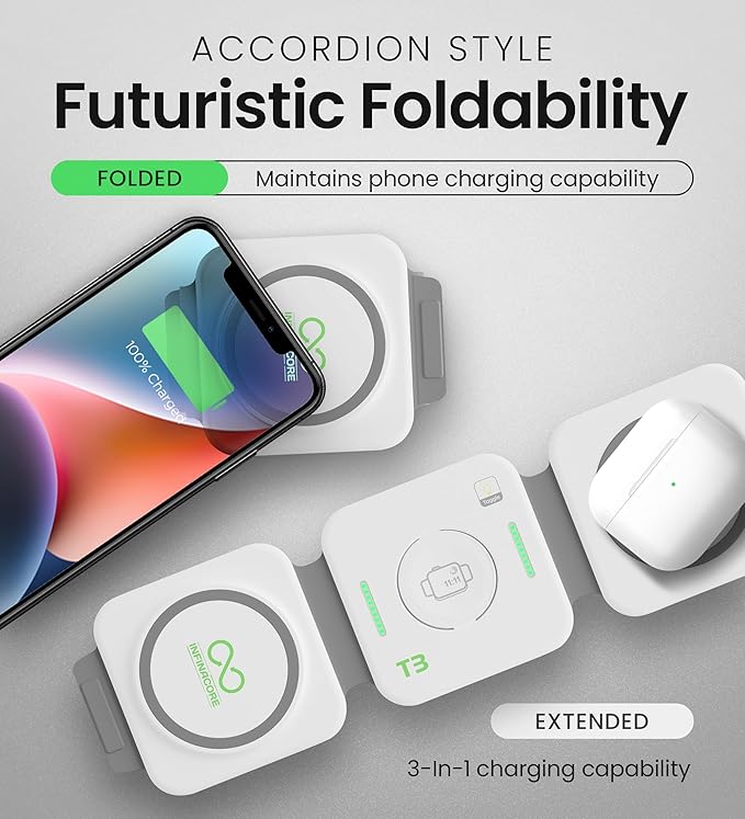 InfinaCore 3-in-1 Charging Station for Apple Devices - Travel Essentials- Magnetic Wireless Travel Charger - Foldable Charging Pad for Magsafe iPhone 16 15 14 13 12 Pro Max/Plus, AirPods & Apple Watch