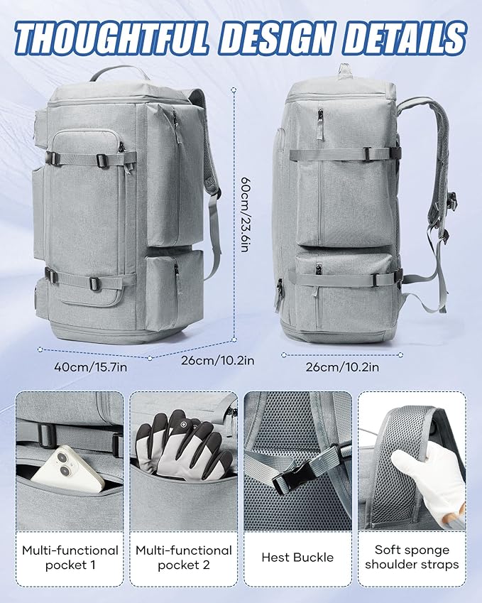 Ski Boot Bag Backpack for Helmet,70L Waterproof Vacuum Backpack Travel,Goggles, Gloves, Skis, Snowboard & Accessories,Snowboard Bag,Grey