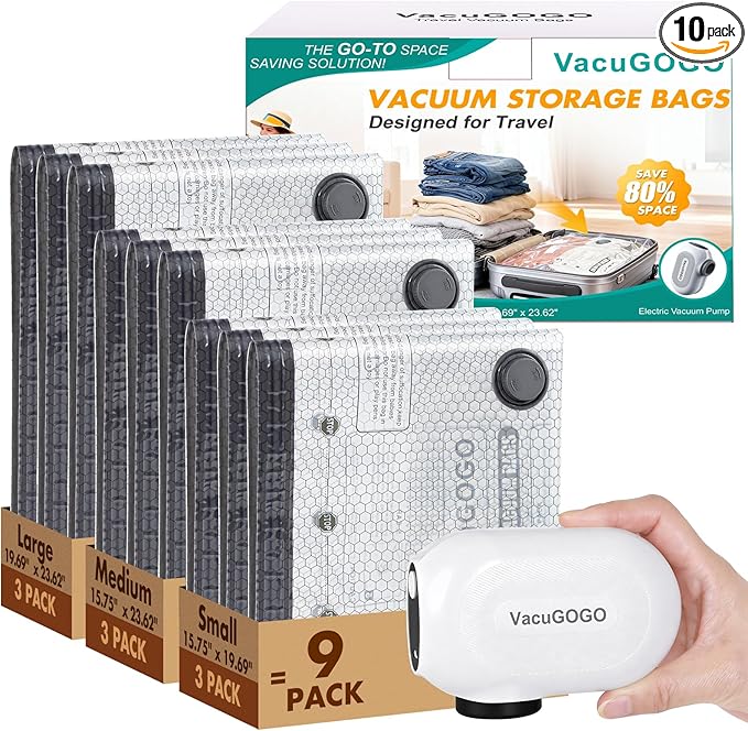 Travel Vacuum Storage Bags with Pump, Carry-on Luggage Compression Bags + Portable Electric Pump, 80% Space Saver for Clothes, Vacuum Seal Bags for Clothing Packing Travel, Pack of 9