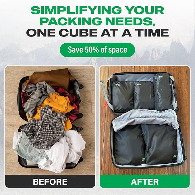 Compression Packing Cubes Travel Organizers plus Laundry or Shoe Bag with YKK Zippers (Black, 3 Piece)