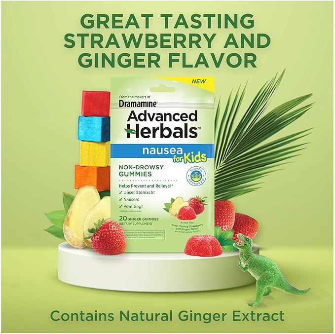 from The Makers of Dramamine, Advanced Herbals Kids Gummies, for Nausea Relief & Motion Sickness During Travel, Strawberry & Ginger Flavor, 20 Count