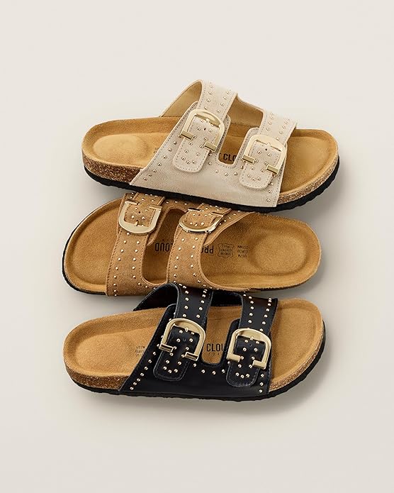 Project Cloud 100% Genuine Leather Flat Sandals For Women 2026 Cork Footbed Womens Sandals with Memory Foam and arch support Vacation Essentials Slides for Women Footwear (Venita)