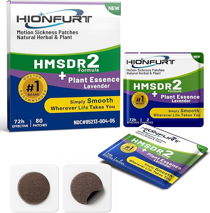 Hionfurt HMSDR2 80ct Motion Sickness Patches with Plant Essence – Lavender – Sea Sickness Patches for Cruise, Car, Airplane – Non-Drowsy, 72H Lasting