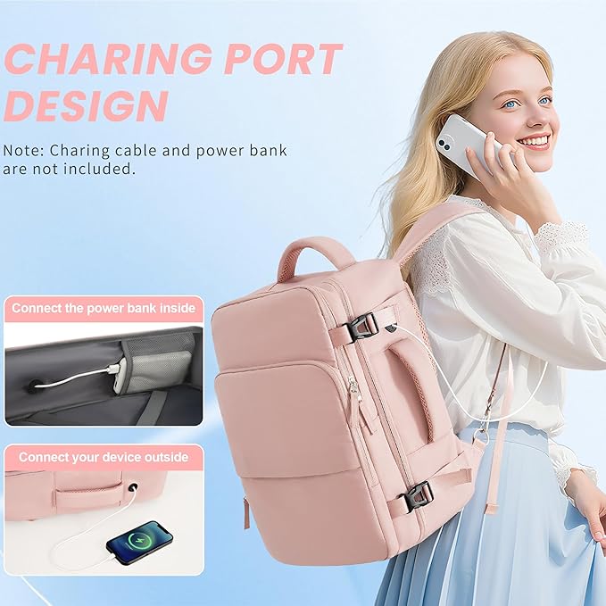 Sinaliy Travel Backpack, Carry on Flight approved Travel Bag with Multi-Pockets, Waterproof 17.3inch Laptop Backpack for Men Women, Pink
