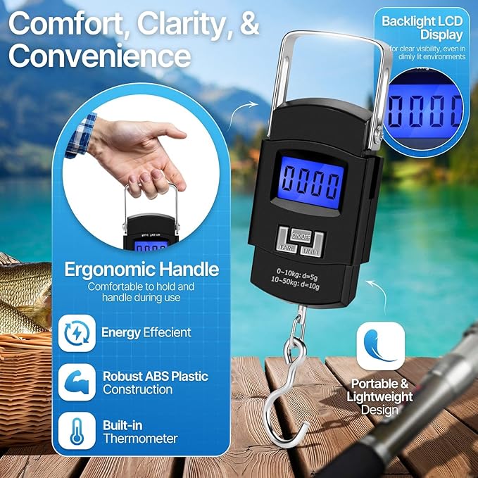 Flexzion Digital Hanging Scale – 110lb/50kg Portable Luggage Scale, and Fish Scale with Electronic Backlight LCD, Stainless Steel Hook, 2 AAA Batteries Included