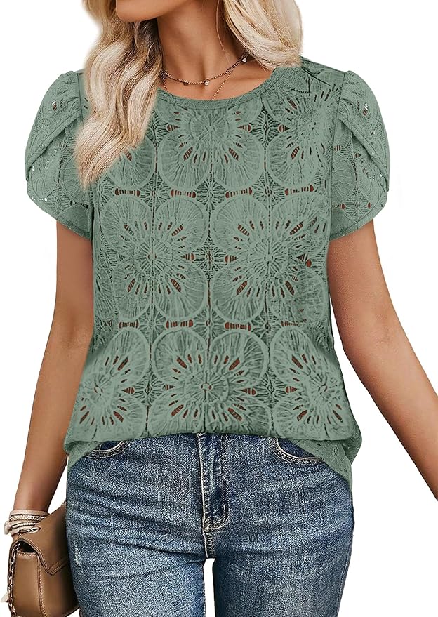 OFEEFAN Blouses for Women Dressy Casual Petal Short Sleeve Shirts Crochet Lace Boho Tops Spring Fashion Summer Outfits