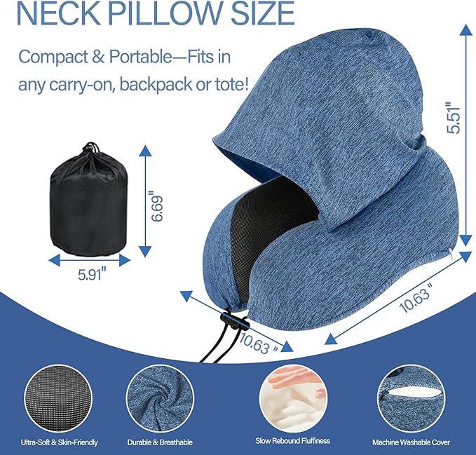 Travel Neck Pillow with Hood Memory Foam Sleeping Airplane Pillows Long Flight Neck Support Plane Essentials Grey