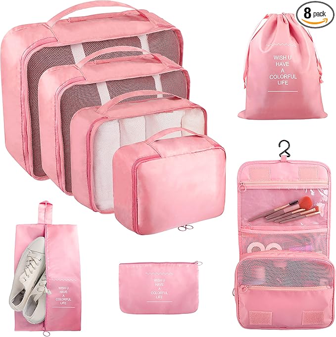 Packing Cubes, 8 Pcs Travel Packing Organizers for Suitcases, Large Capacity Travel Luggage Organizers Set includes 8 Storage Bags for Women or Men (Pink)