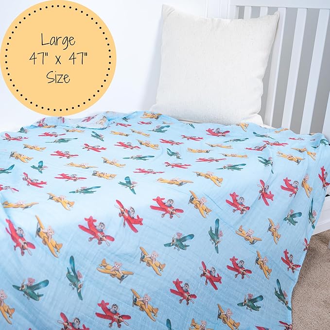 LollyBanks Muslin Swaddle Blankets, 100% Cotton Breathable Baby Blanket for Boys and Girls, Soft and Lightweight 47 x 47 Inches Newborn Swaddle Wrap, Baby Essentials Must Haves (Plane and Bear Print)