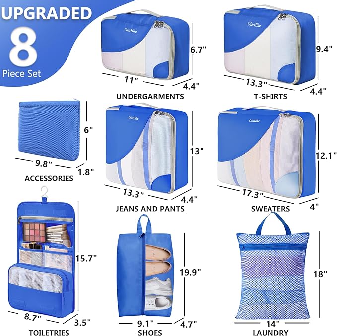 8 Set Packing Cubes for Travel, Gifts for Women Mom,Anti-Tearing Suitcase Organizer for Luggage with Shoe & Hanging Toiletry Bag,OlarHike Vacation Essentials & Accessories for Cruise Ship,Klein Blue