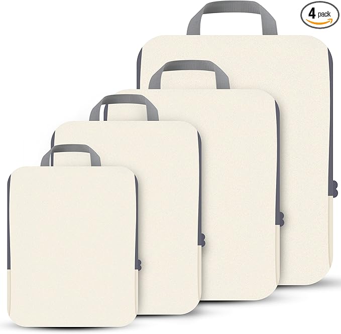 PANDA JOYS 4 Set Compression Packing Cubes Travel - Travel Accessories Expandable Packing Organizers for Carry On - Essentials Luggage Bags - Beige