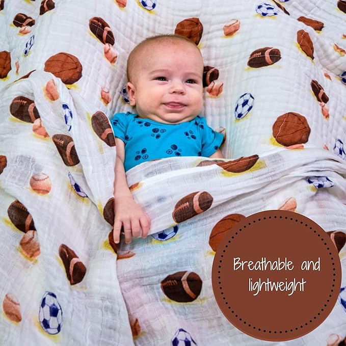 LollyBanks Muslin Swaddle Blanket, 100% Muslin Cotton Soft Baby Blankets for Boys, 47 X 47 Inches Soft and Cozy Baby Wrap Swaddle Breathable Infant Blankets, Newborn Essentials (Sports Print)