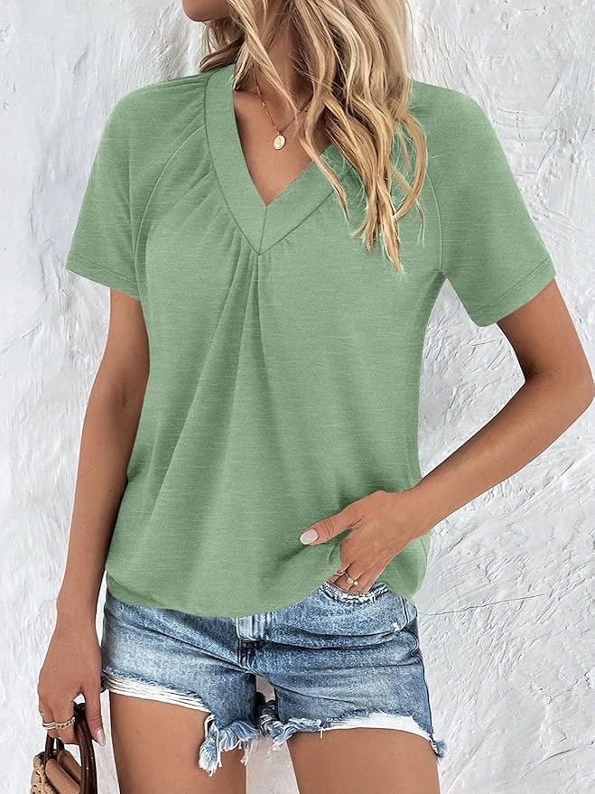 AUTOMET Womens Tops Short Sleeve V Neck T Shirts 2026 Summer Spring Beach Vacation Clothes Casual Loose Ruched Top