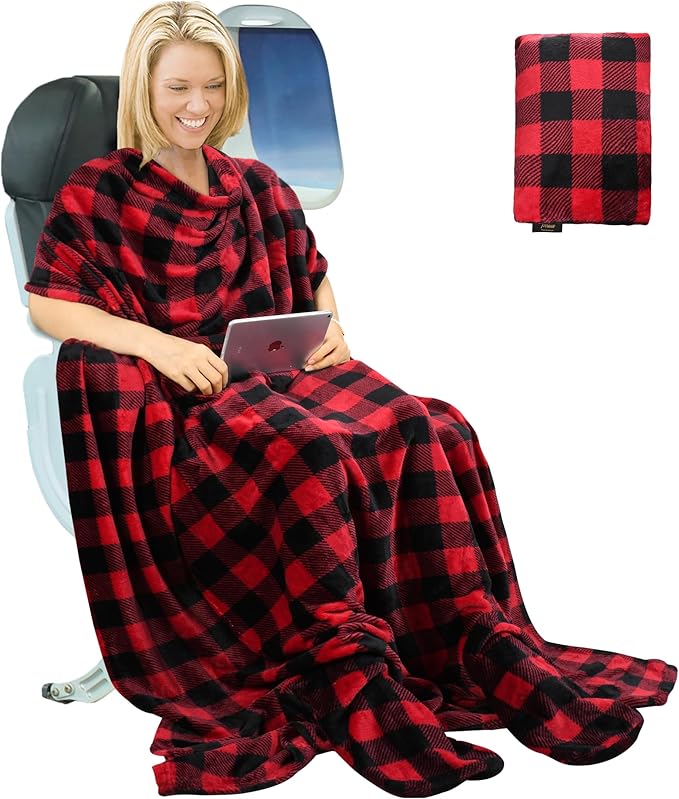 Tirrinia Travel Portable Blanket with Feet Pocket Airplane Office Poncho 4 in 1 Zippered Front Pocket Premium Cozy Fleece Blankets with Built-in Bag