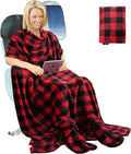 Tirrinia Travel Portable Blanket with Feet Pocket Airplane Office Poncho 4 in 1 Zippered Front Pocket Premium Cozy Fleece Blankets with Built-in Bag