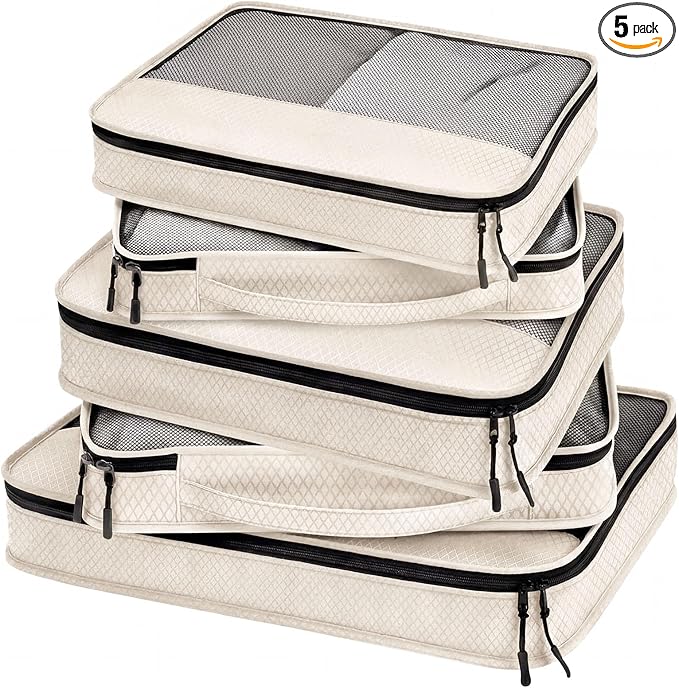 5 Pcs Packing Cubes for Suitcase Large Travel Cubes Carry on Luggage Organizer Bags for Clothes Accessories(Mixed,Khaki)