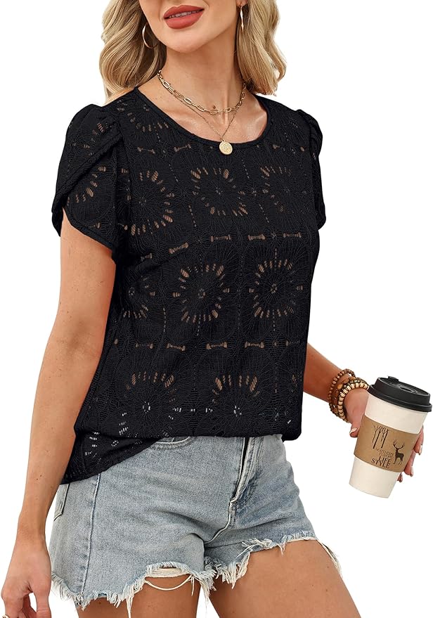 OFEEFAN Blouses for Women Dressy Casual Petal Short Sleeve Shirts Crochet Lace Boho Tops Spring Fashion Summer Outfits