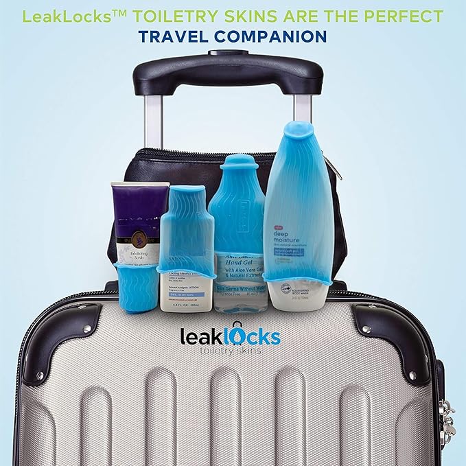 LeakLocks® Toiletry Skins™ Elastic Sleeve for Leak Proofing Travel Container in Luggage. For Standard and Travel Sized Toiletries. Reusable Accessory for Travel Bag Suitcase and Carry-on Luggage