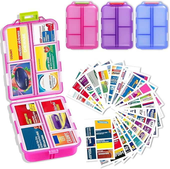 2026 New Extra Large Pill Box with Medicine Labels Travel Essentials Daily Med Container Mini Medication Organizer Storage Organizer Case 7 Day Pill Organizer(Blue+Pink+Purple)