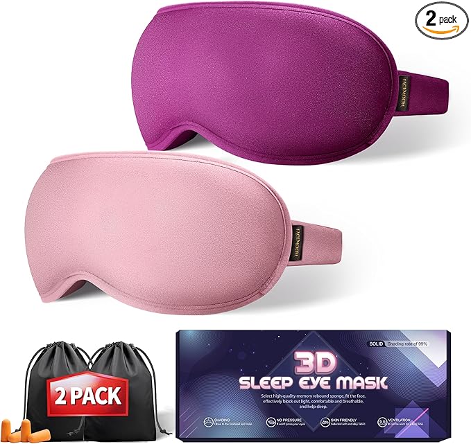 Weighted Eye Mask for Sleeping 2 Pack - 3D Contoured Sleep Masks for Women Men, Blackout Eye Mask for Travel, Meditation, Airplane, Memory Foam, Adjustable Strap Purple Pink