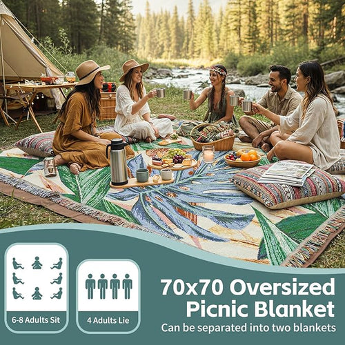 2 in 1 Extra Large Outdoor Picnic Blanket Camping Mat Lightweight Oversized Giant Turkish Boho Beach Mexican Serape Baja Cobijas Mexicanas para Mesa Park Stadium Outside Festival Grass Hammock